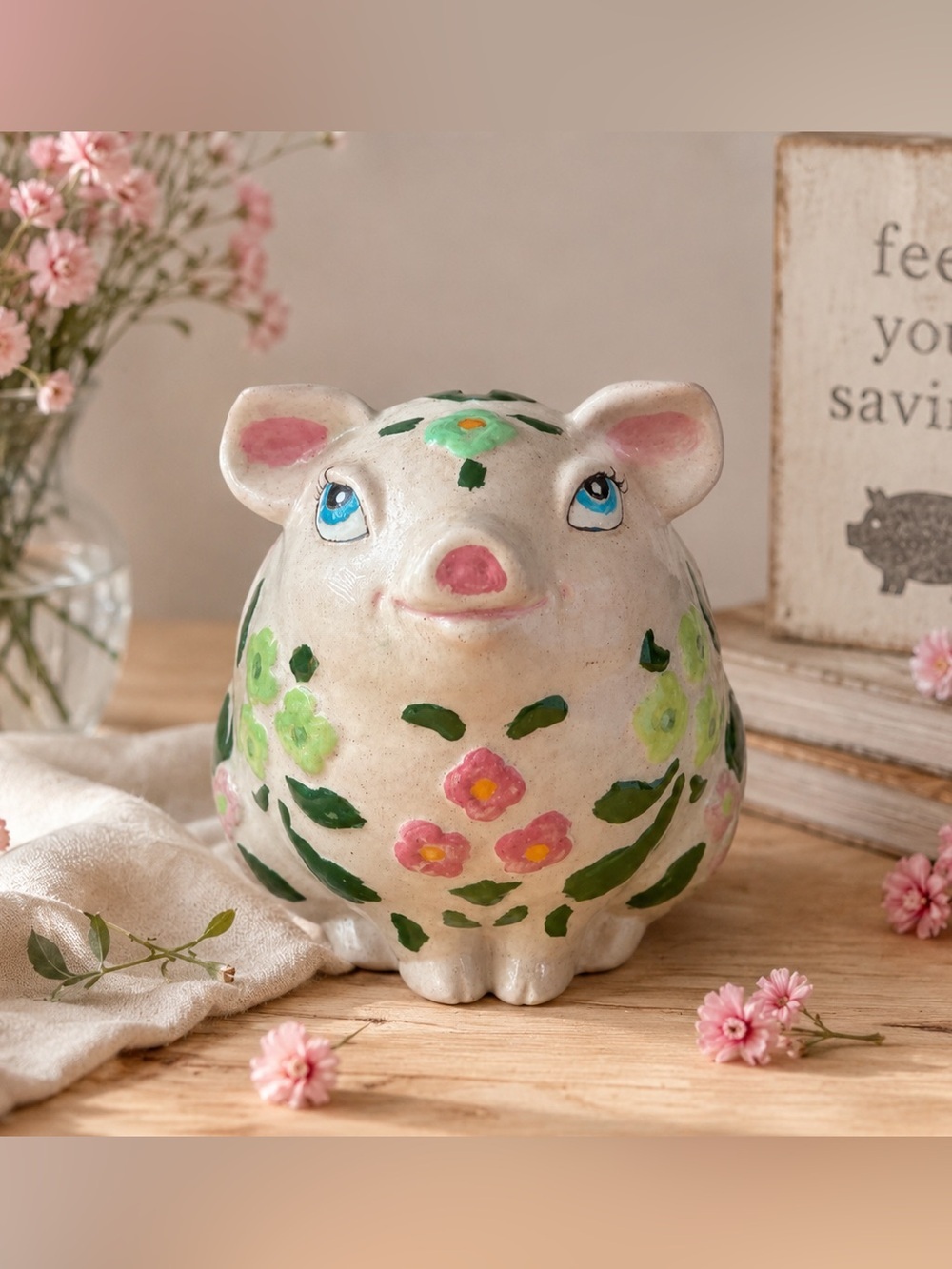 Vintage Hand Painted Floral Piggy Bank Cottagecore Ceramic Pig 7” Pink Green